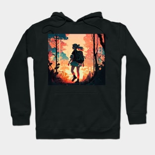 Girl trekking in the woods with a beautiful sunset effect. Hoodie